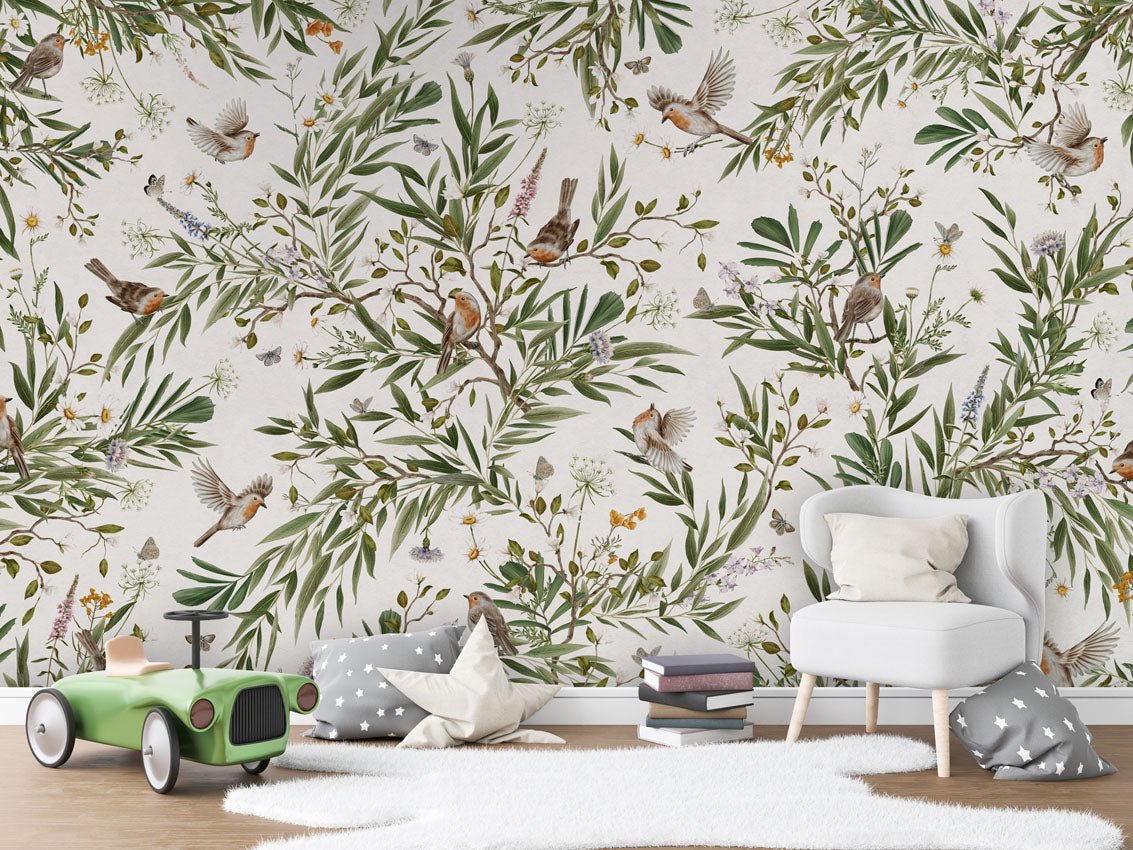 Wallpaper - Playful Robins - White (Pre - Order) - LPM Home