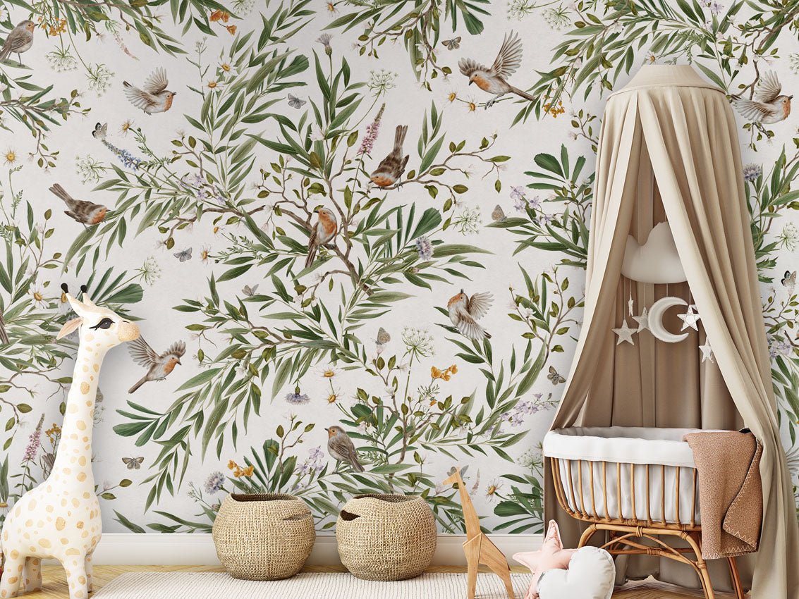 Wallpaper - Playful Robins - White (Pre - Order) - LPM Home