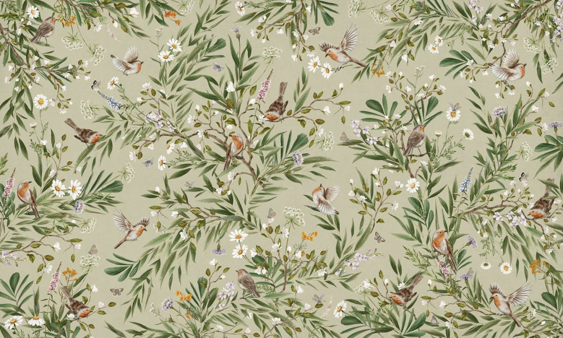 Wallpaper - Playful Robins - Green (Pre - Order) - LPM Home