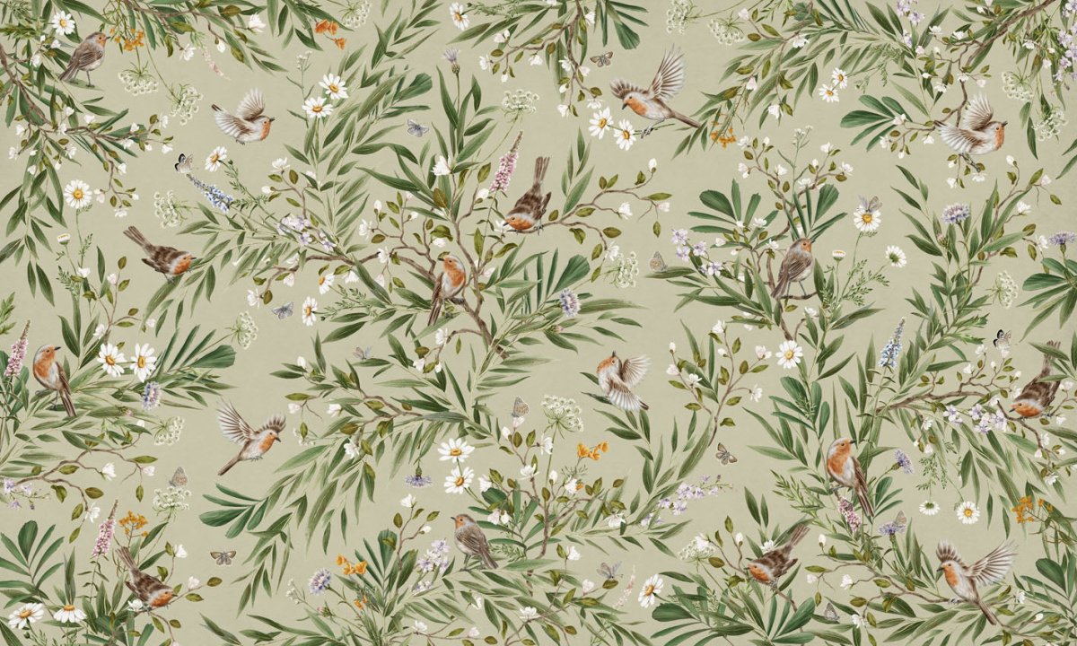 Wallpaper - Playful Robins - Green (Pre - Order) - LPM Home
