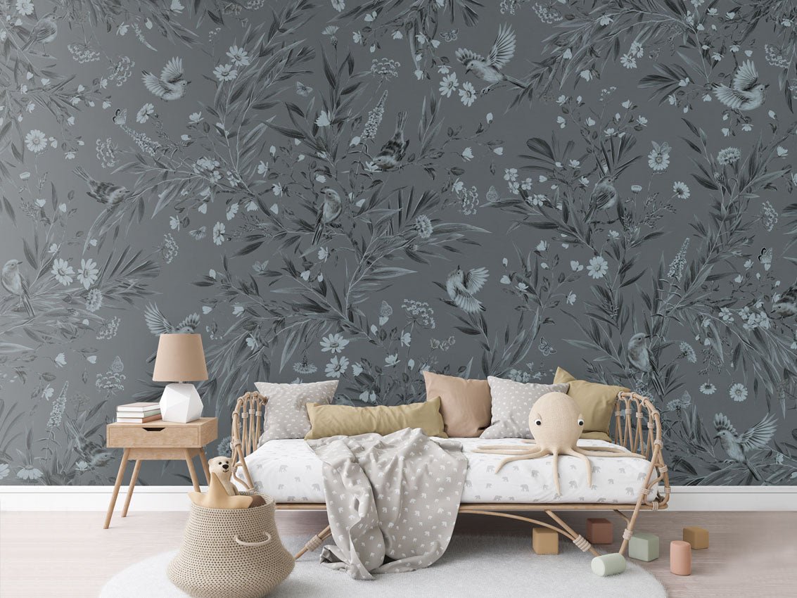 Wallpaper - Playful Robins - Monochrome - Blue (Pre - Order) - LPM Home