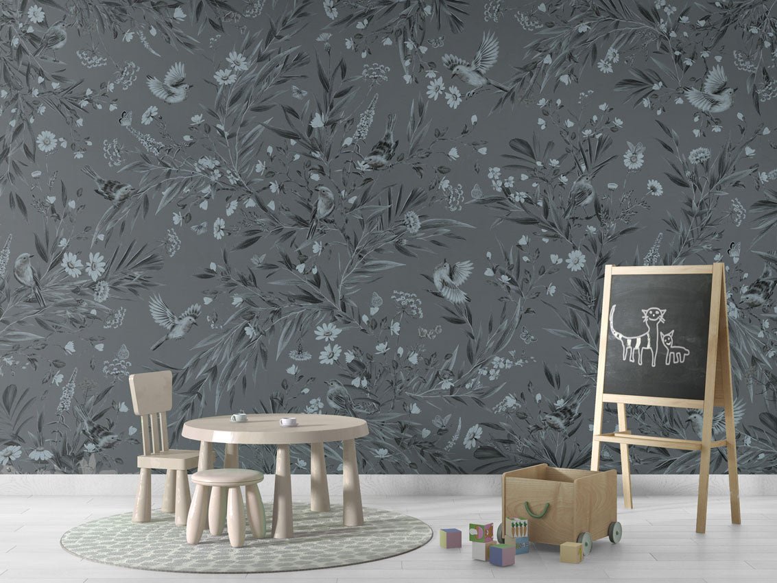 Wallpaper - Playful Robins - Monochrome - Blue (Pre - Order) - LPM Home
