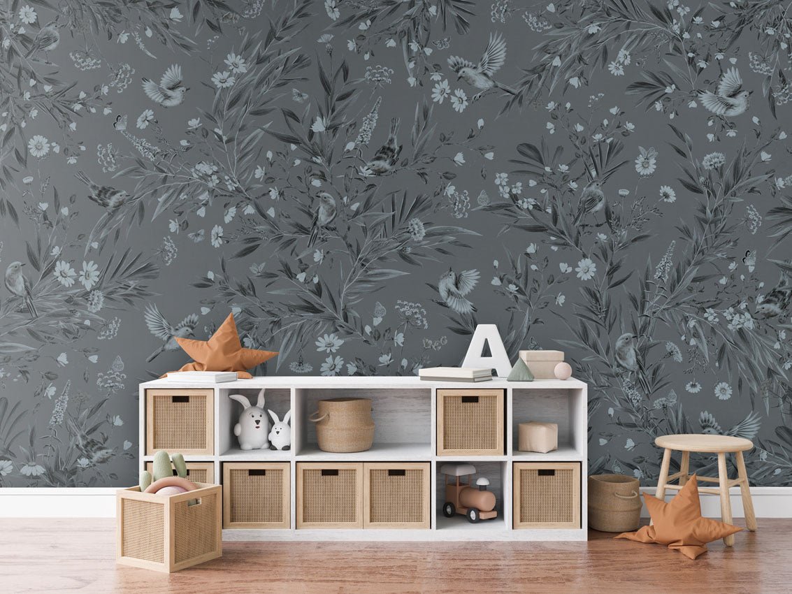 Wallpaper - Playful Robins - Monochrome - Blue (Pre - Order) - LPM Home