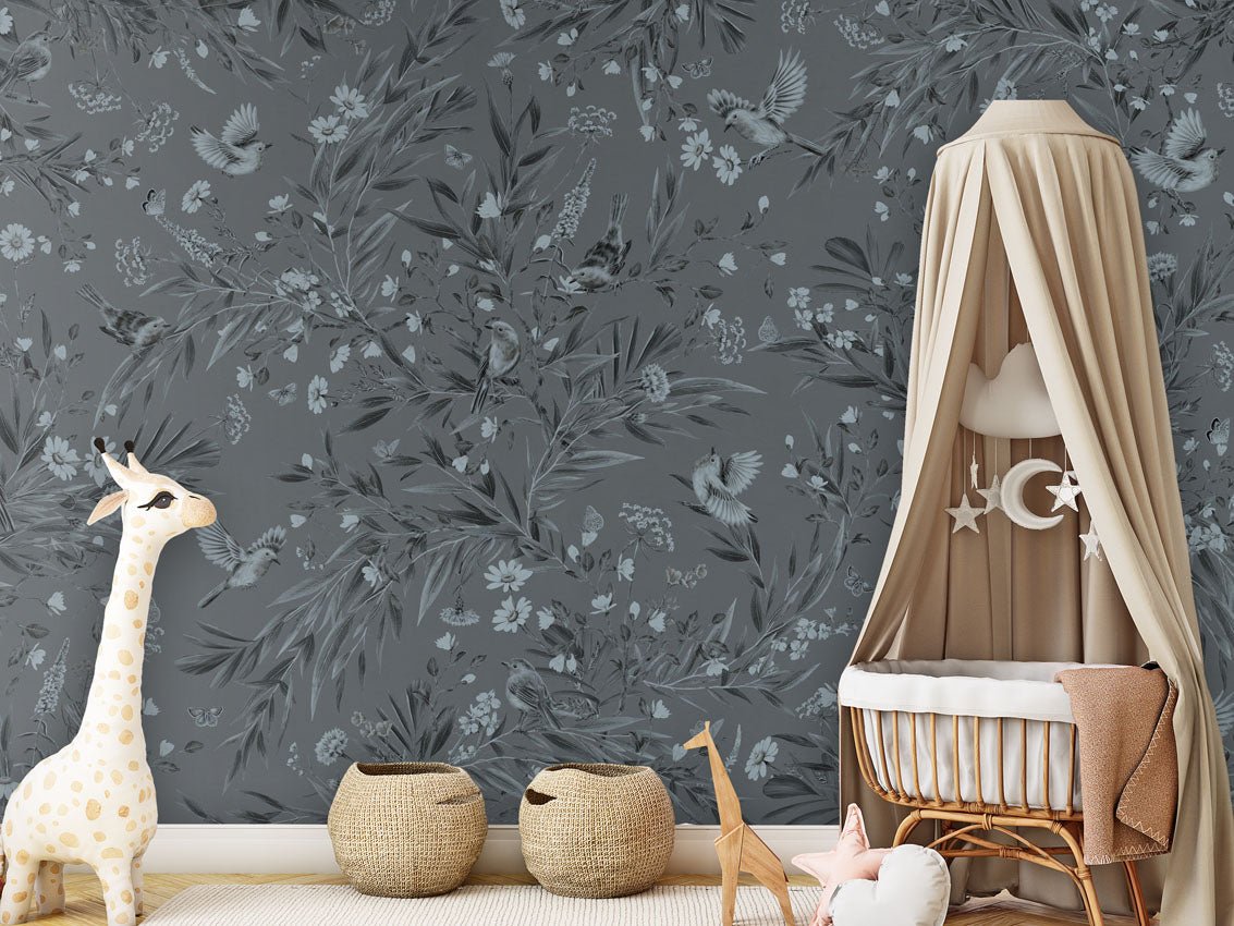 Wallpaper - Playful Robins - Monochrome - Blue (Pre - Order) - LPM Home