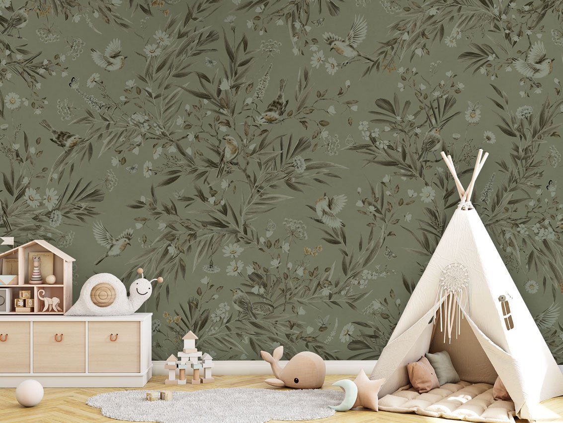 Wallpaper - Playful Robins - Monochrome - Green (Pre - Order) - LPM Home