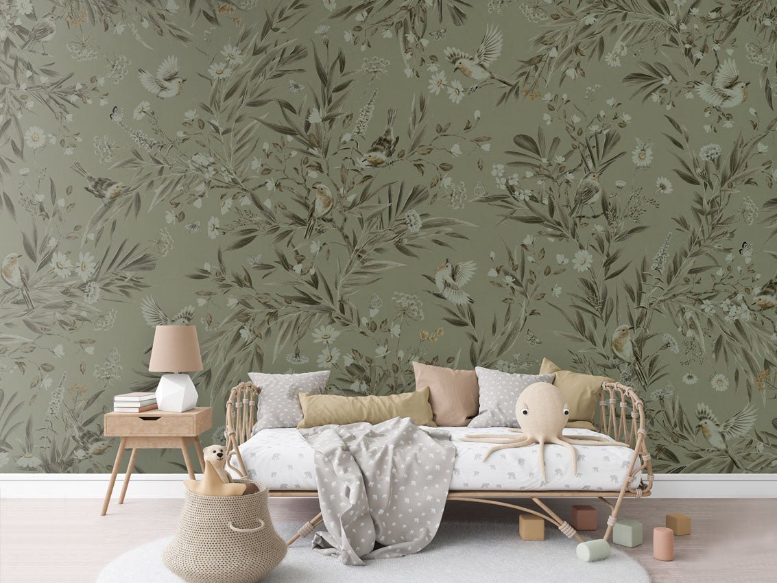 Wallpaper - Playful Robins - Monochrome - Green (Pre - Order) - LPM Home