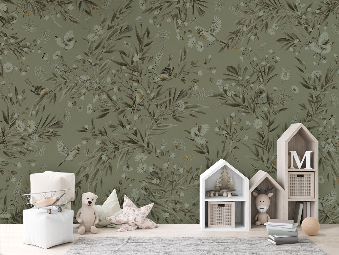 Wallpaper - Playful Robins - Monochrome - Green (Pre - Order) - LPM Home