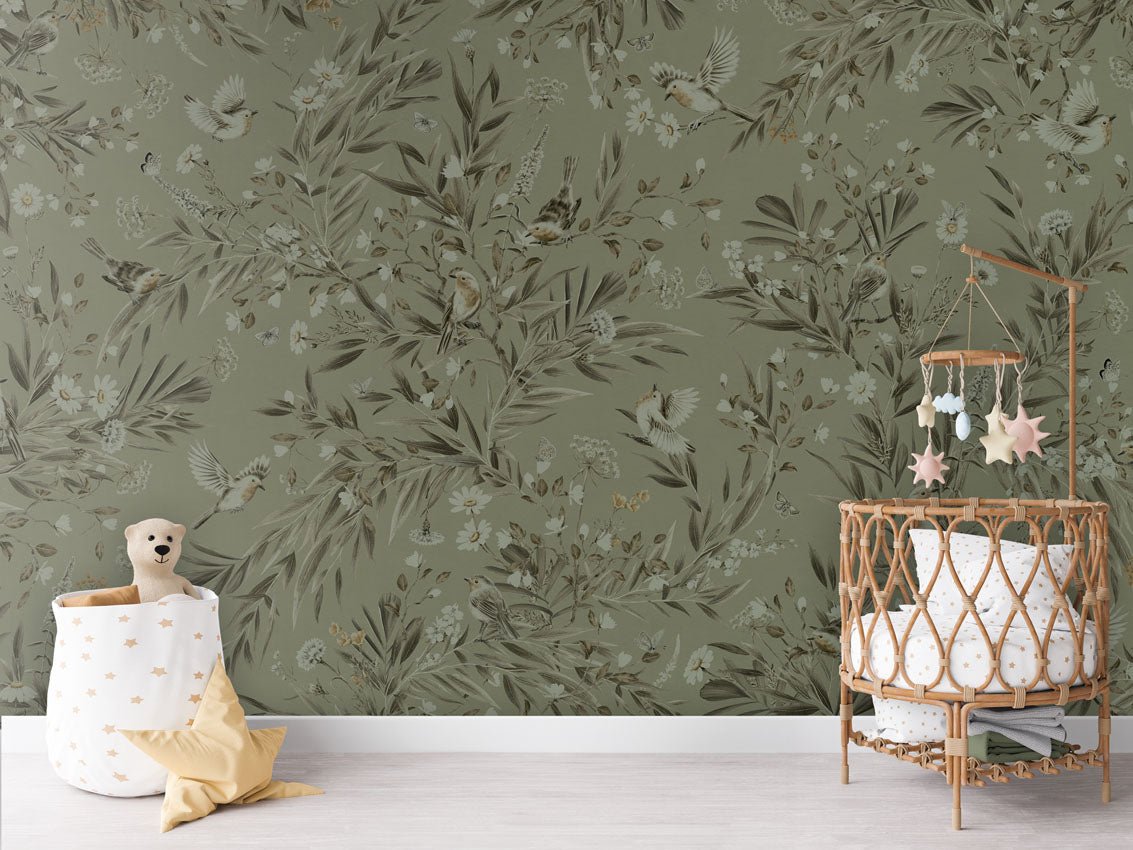 Wallpaper - Playful Robins - Monochrome - Green (Pre - Order) - LPM Home
