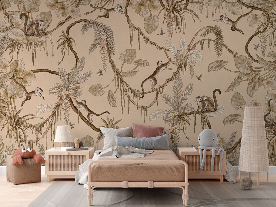 Wallpaper - Playful Monkeys - Vintage - Beige (Pre - Order) - LPM Home