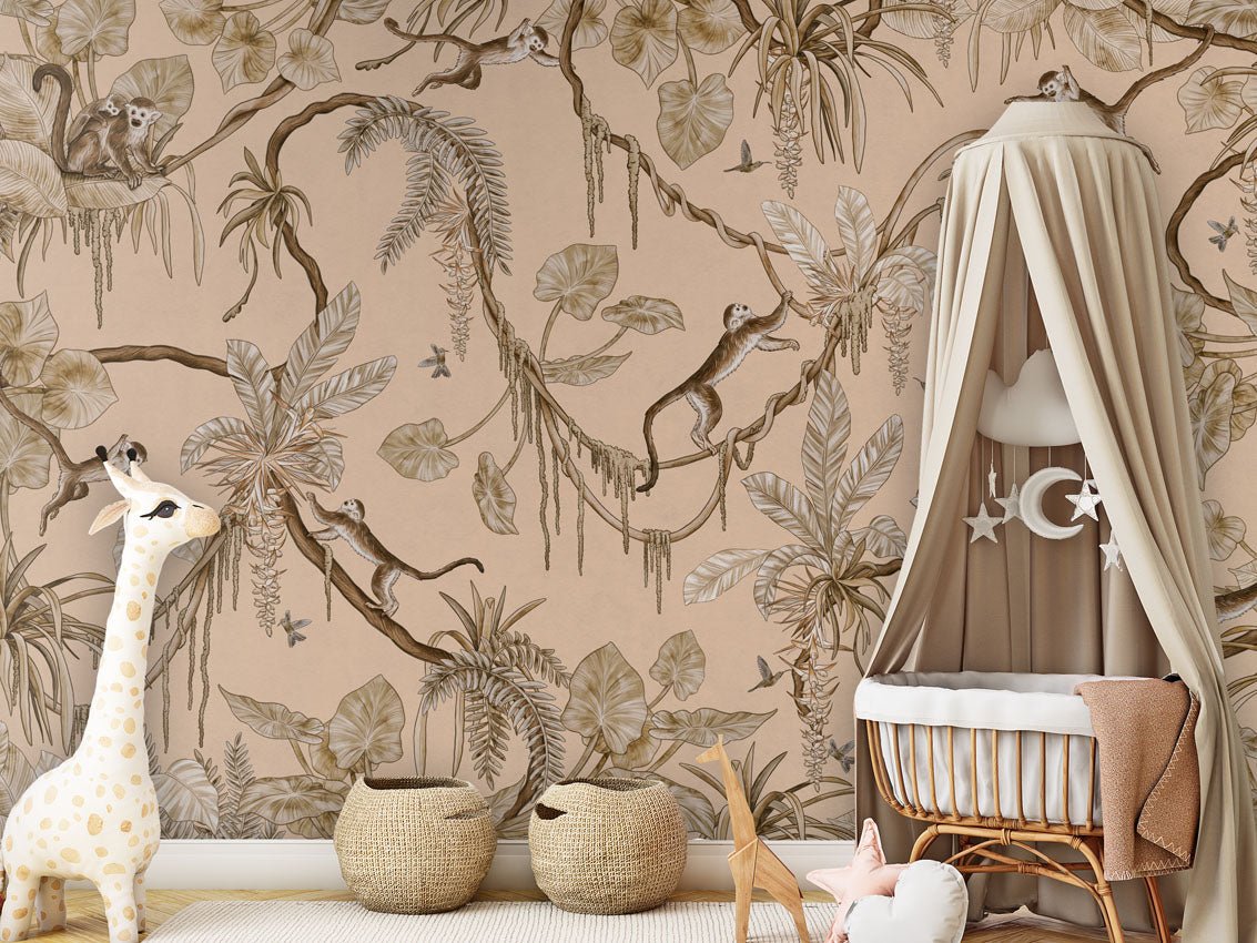 Wallpaper - Playful Monkeys - Vintage - Beige (Pre - Order) - LPM Home