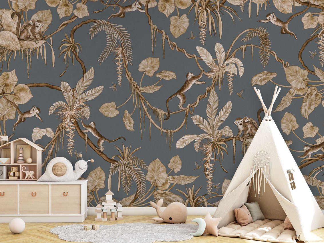 Wallpaper - Playful Monkeys - Vintage - Blue (Pre - Order) - LPM Home