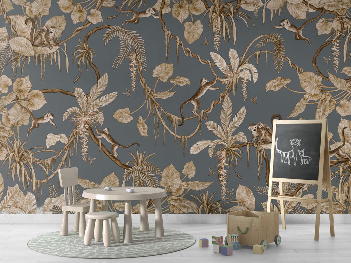 Wallpaper - Playful Monkeys - Vintage - Blue (Pre - Order) - LPM Home