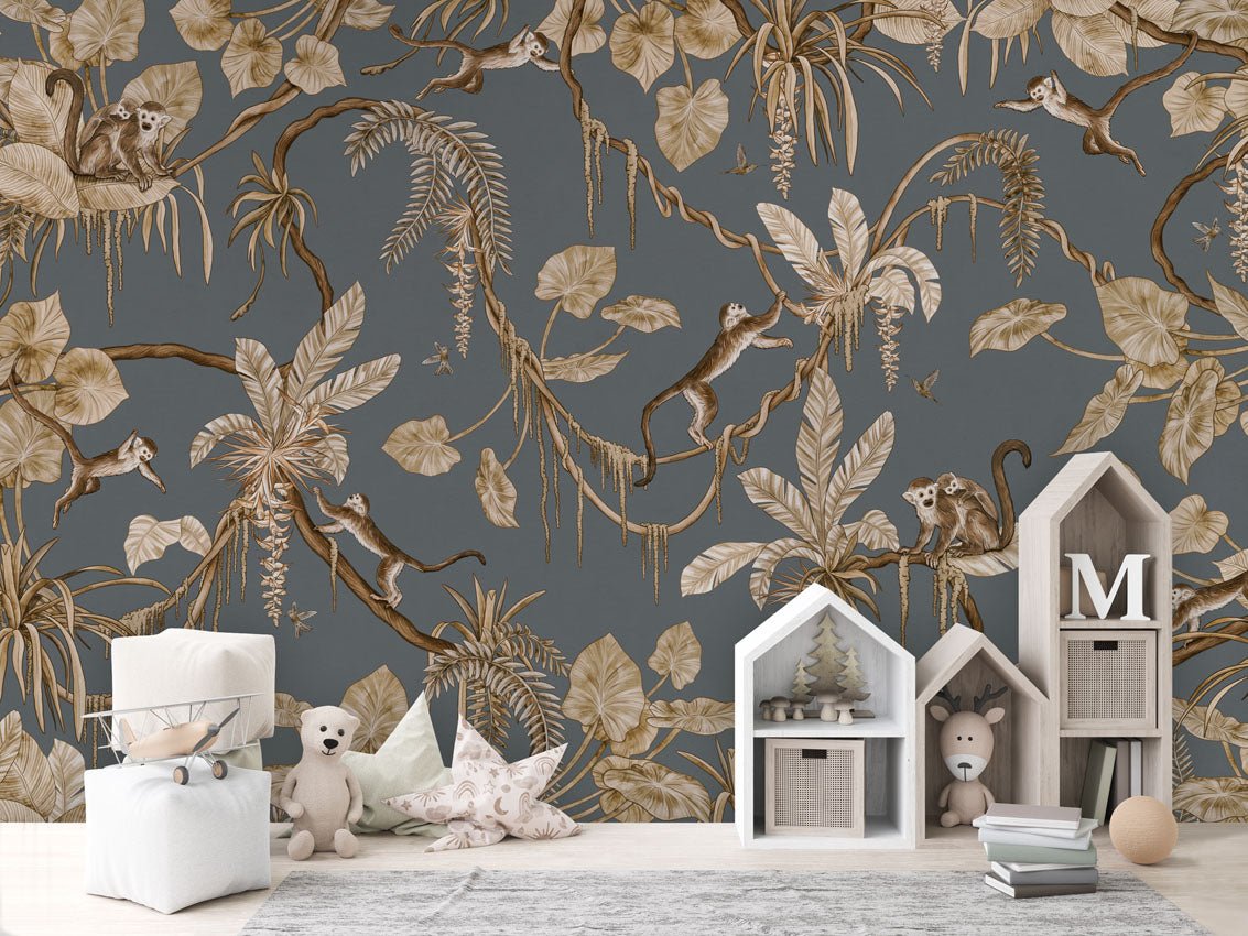 Wallpaper - Playful Monkeys - Vintage - Blue (Pre - Order) - LPM Home