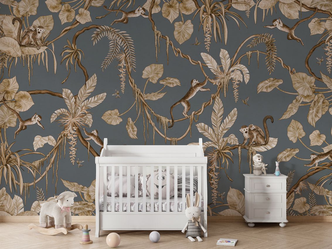 Wallpaper - Playful Monkeys - Vintage - Blue (Pre - Order) - LPM Home