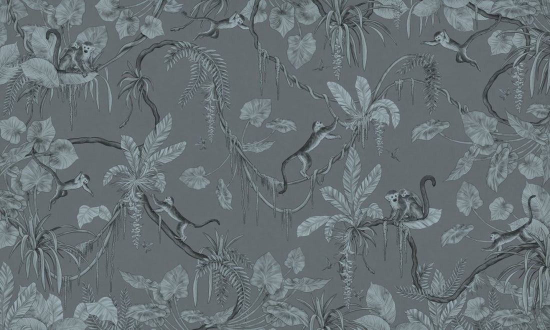 Wallpaper - Playful Monkeys - Monochrome - Blue (Pre - Order) - LPM Home