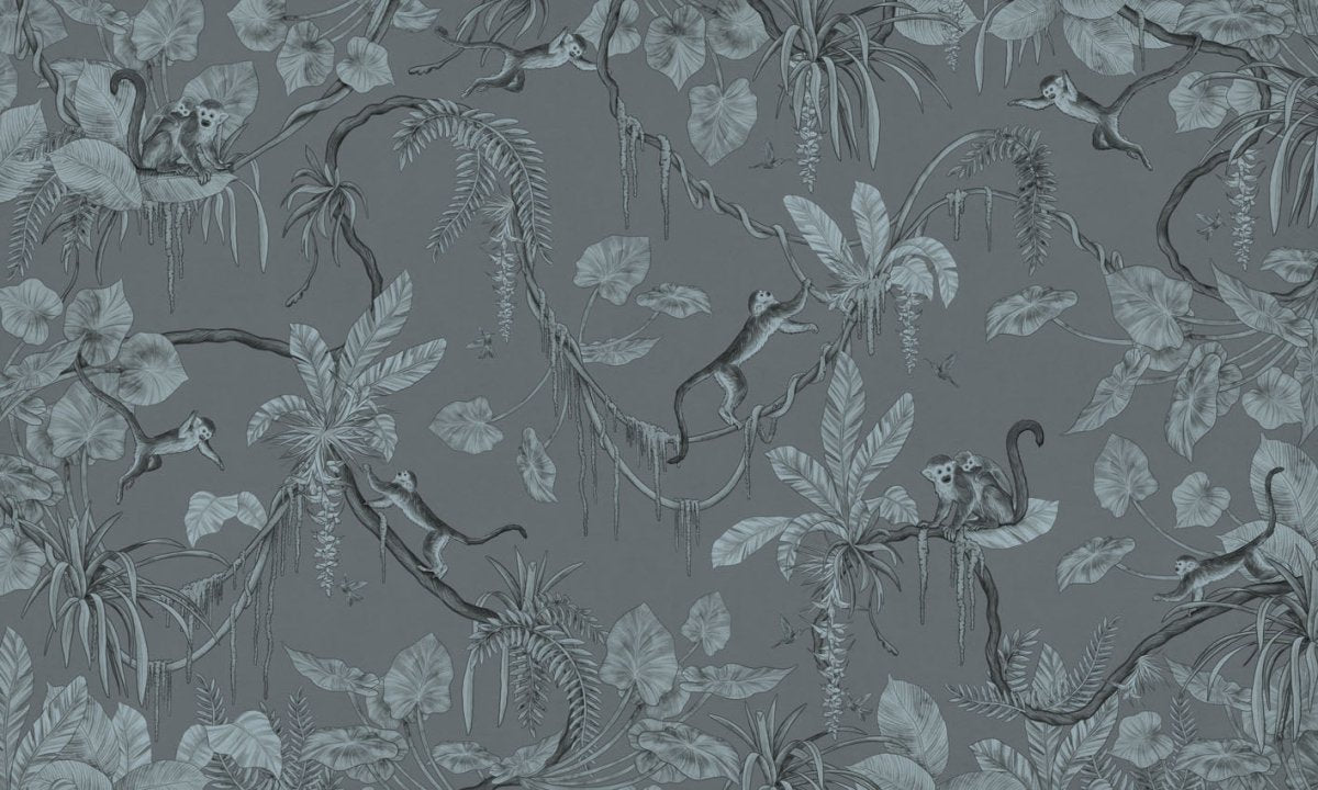 Wallpaper - Playful Monkeys - Monochrome - Blue (Pre - Order) - LPM Home