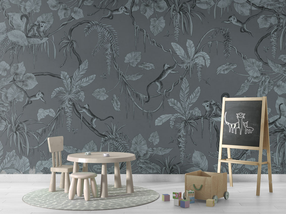 Wallpaper - Playful Monkeys - Monochrome - Blue (Pre - Order) - LPM Home