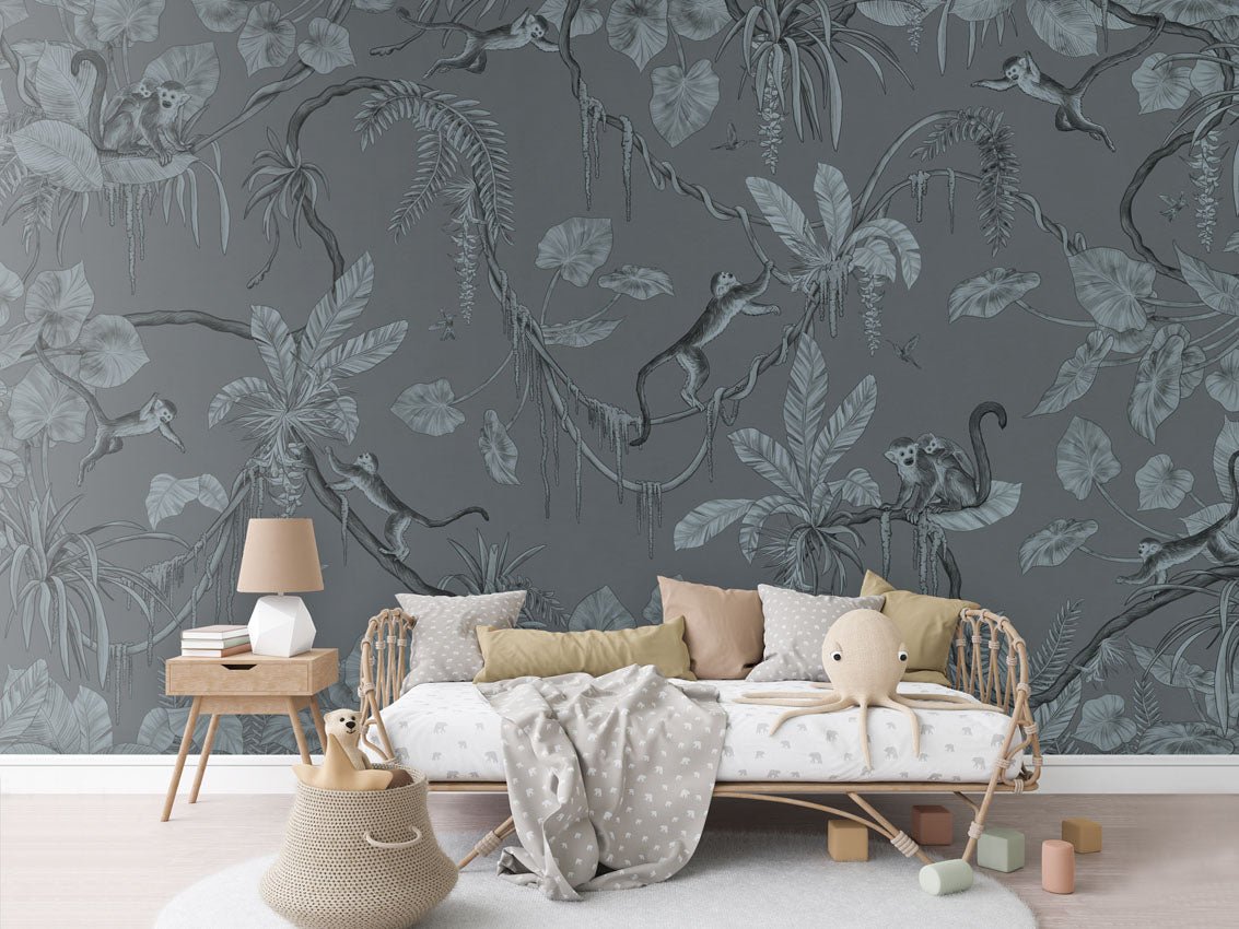 Wallpaper - Playful Monkeys - Monochrome - Blue (Pre - Order) - LPM Home