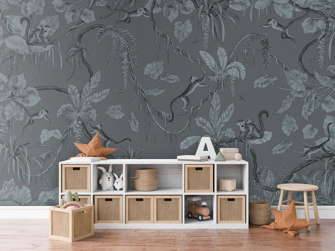 Wallpaper - Playful Monkeys - Monochrome - Blue (Pre - Order) - LPM Home