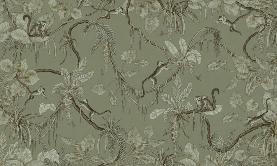 Wallpaper - Playful Monkeys - Monochrome - Green (Pre - Order) - LPM Home
