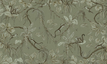 Wallpaper - Playful Monkeys - Monochrome - Green (Pre - Order) - LPM Home