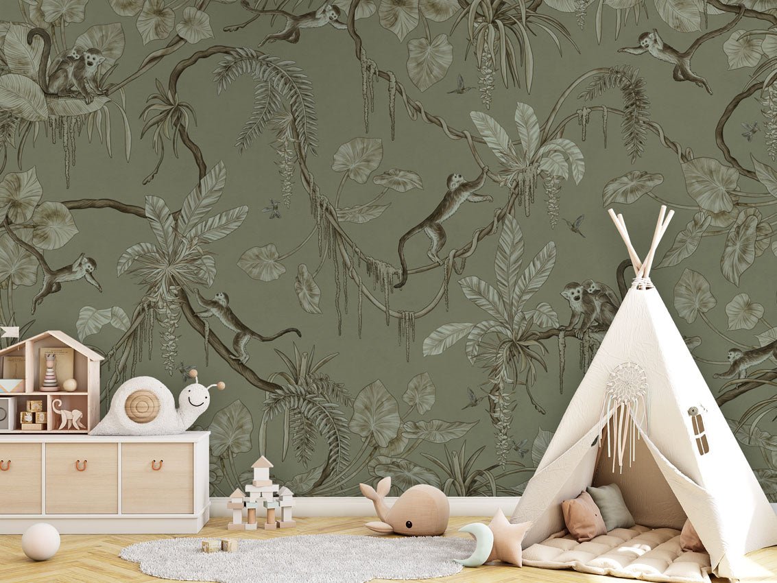 Wallpaper - Playful Monkeys - Monochrome - Green (Pre - Order) - LPM Home