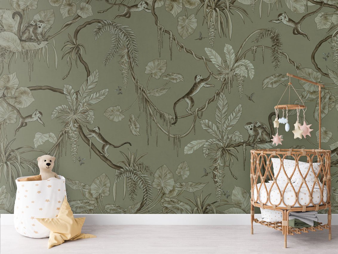 Wallpaper - Playful Monkeys - Monochrome - Green (Pre - Order) - LPM Home