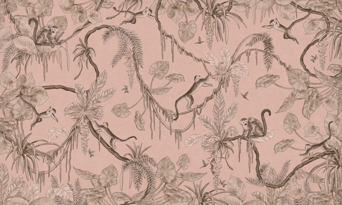 Wallpaper - Playful Monkeys - Monochrome - Pink (Pre - Order) - LPM Home