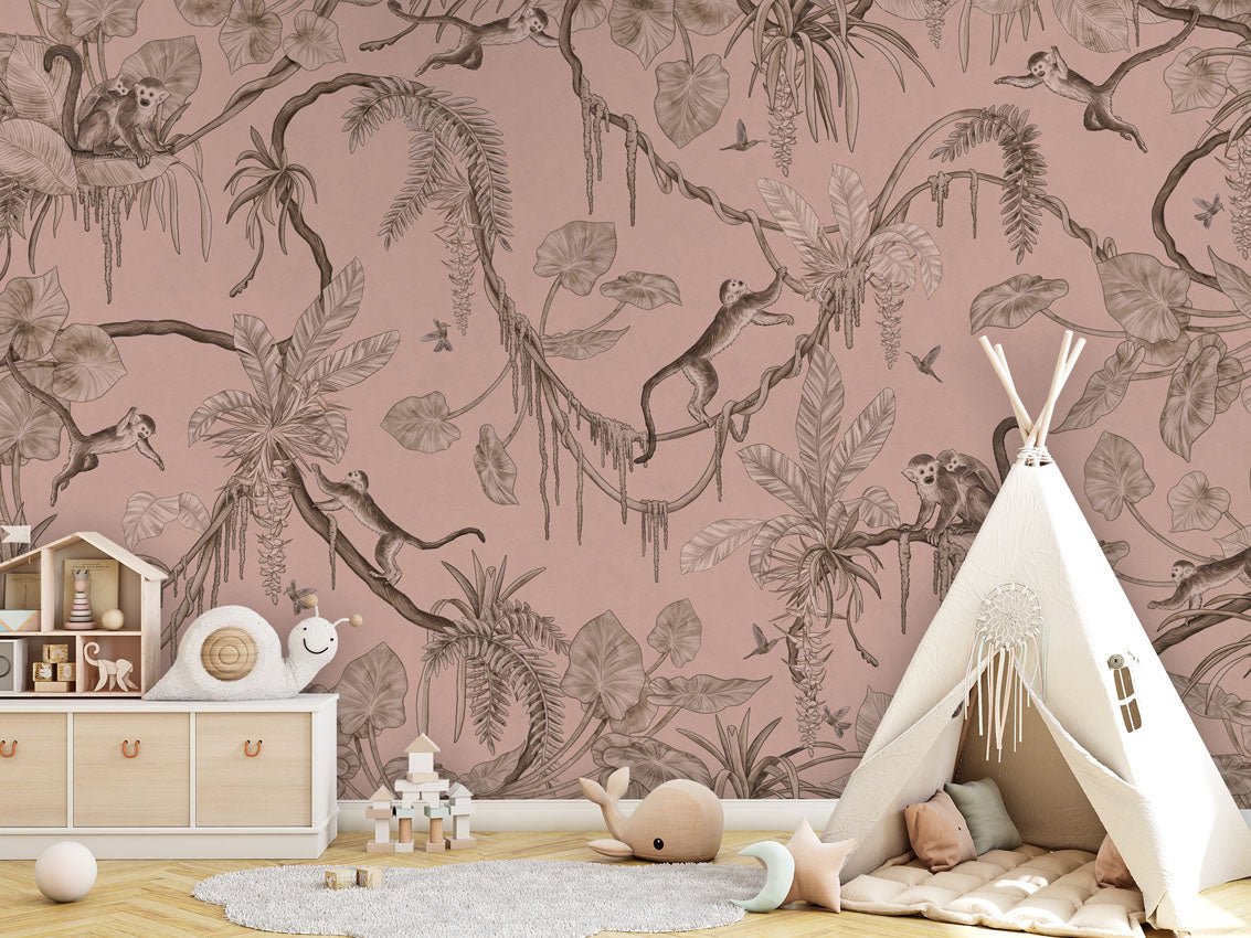 Wallpaper - Playful Monkeys - Monochrome - Pink (Pre - Order) - LPM Home