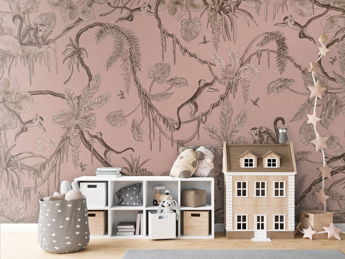 Wallpaper - Playful Monkeys - Monochrome - Pink (Pre - Order) - LPM Home