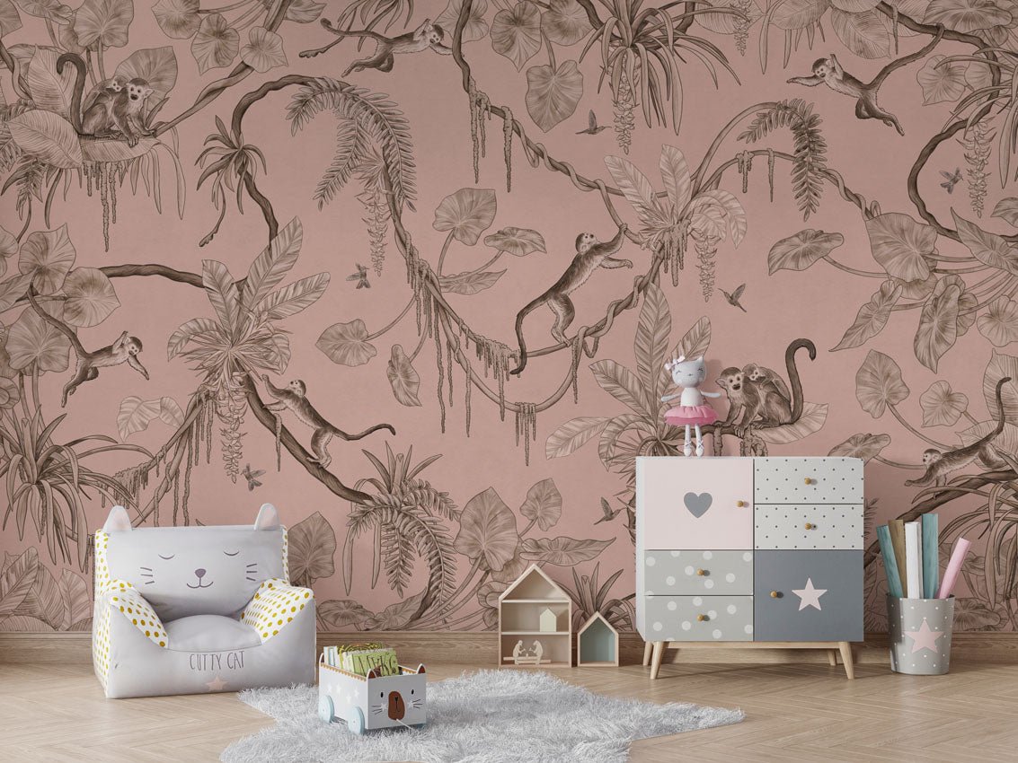 Wallpaper - Playful Monkeys - Monochrome - Pink (Pre - Order) - LPM Home