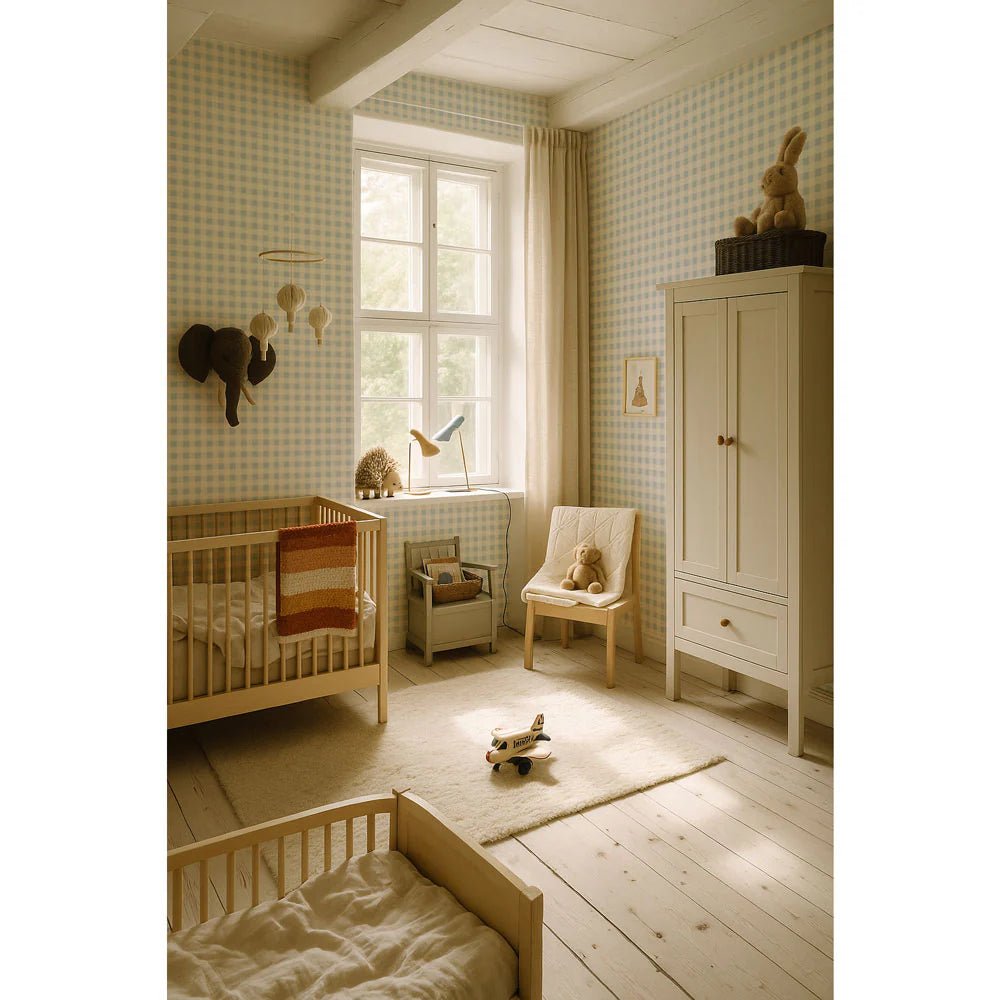 Wallpaper - Check Minimini Blue Cream - Le Petit Marché Home Furniture