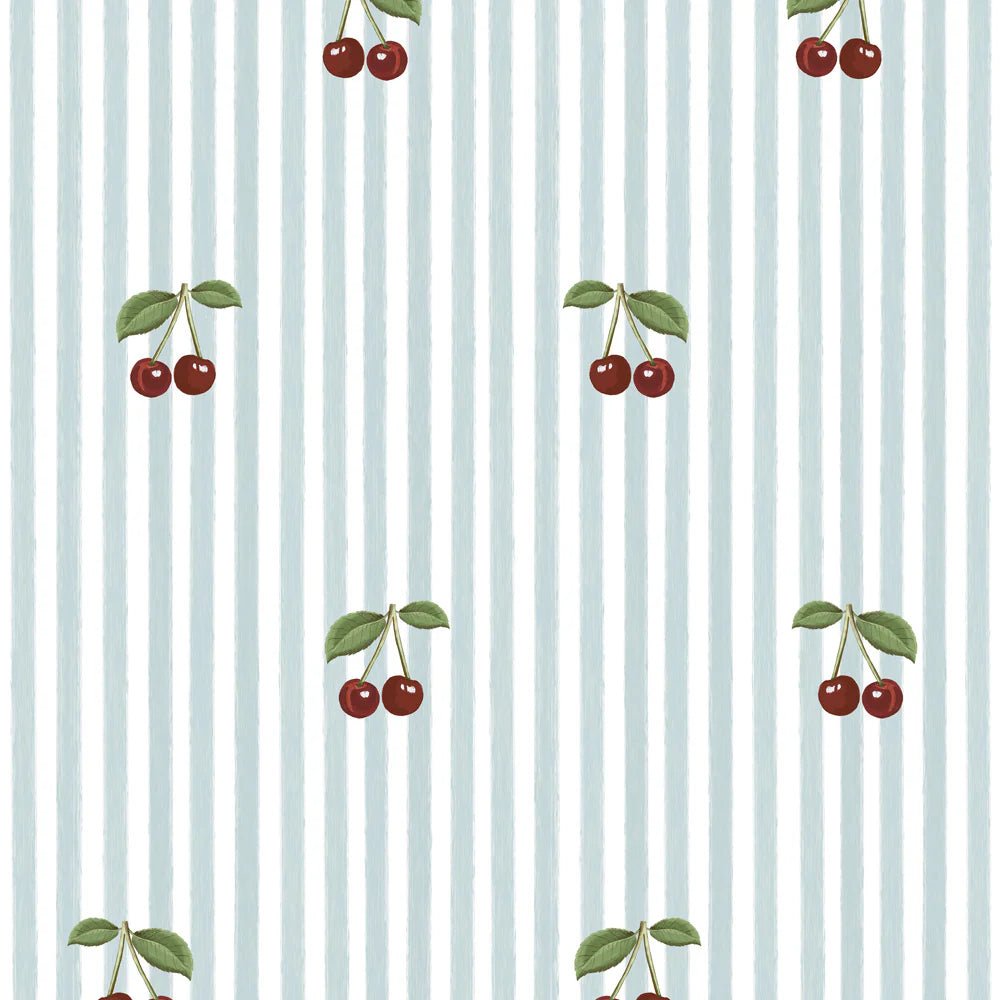 Wallpaper - Little Cherries on Blue Stripes - Le Petit Marché Home Furniture