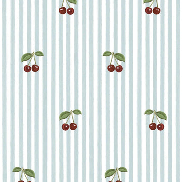 Wallpaper - Little Cherries on Blue Stripes - Le Petit Marché Home Furniture