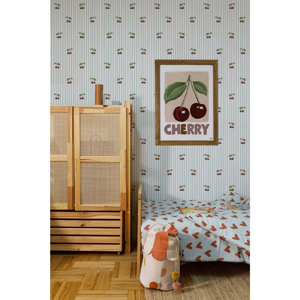 Wallpaper - Little Cherries on Blue Stripes - Le Petit Marché Home Furniture
