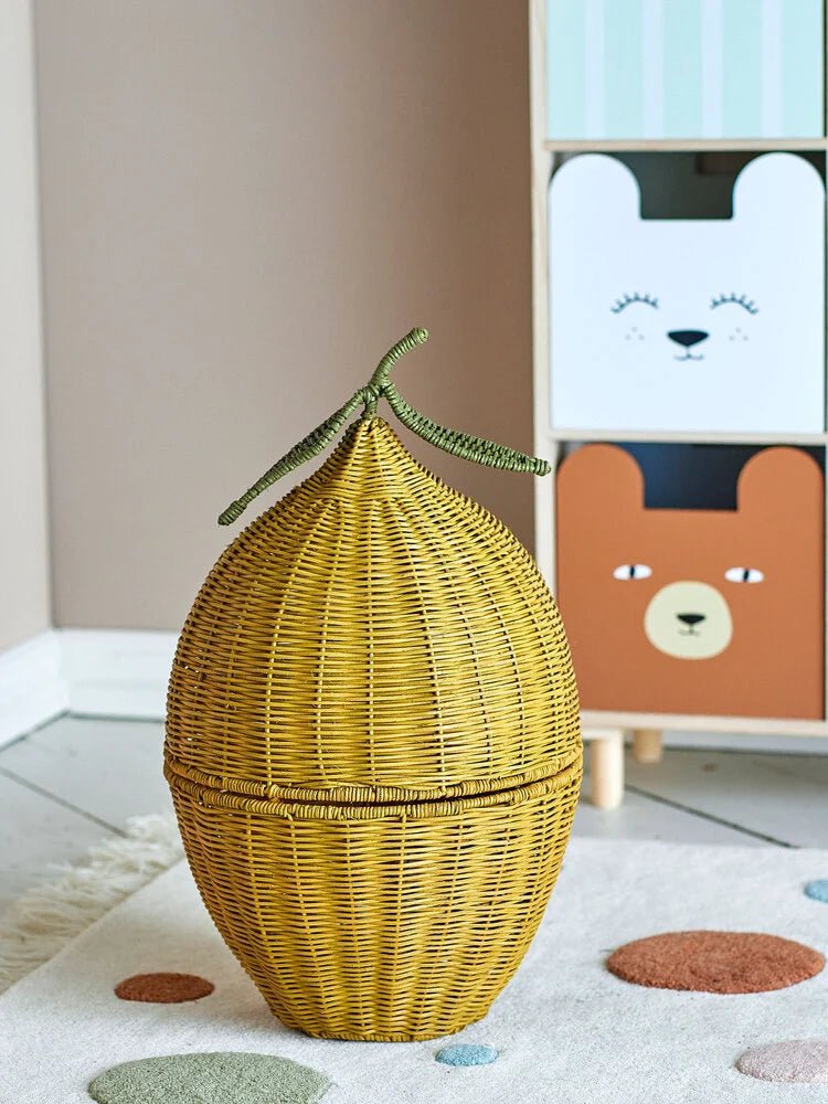 Basket with Lid, Lemon Sage, Yellow, Rattan - Le Petit Marché Home Furniture