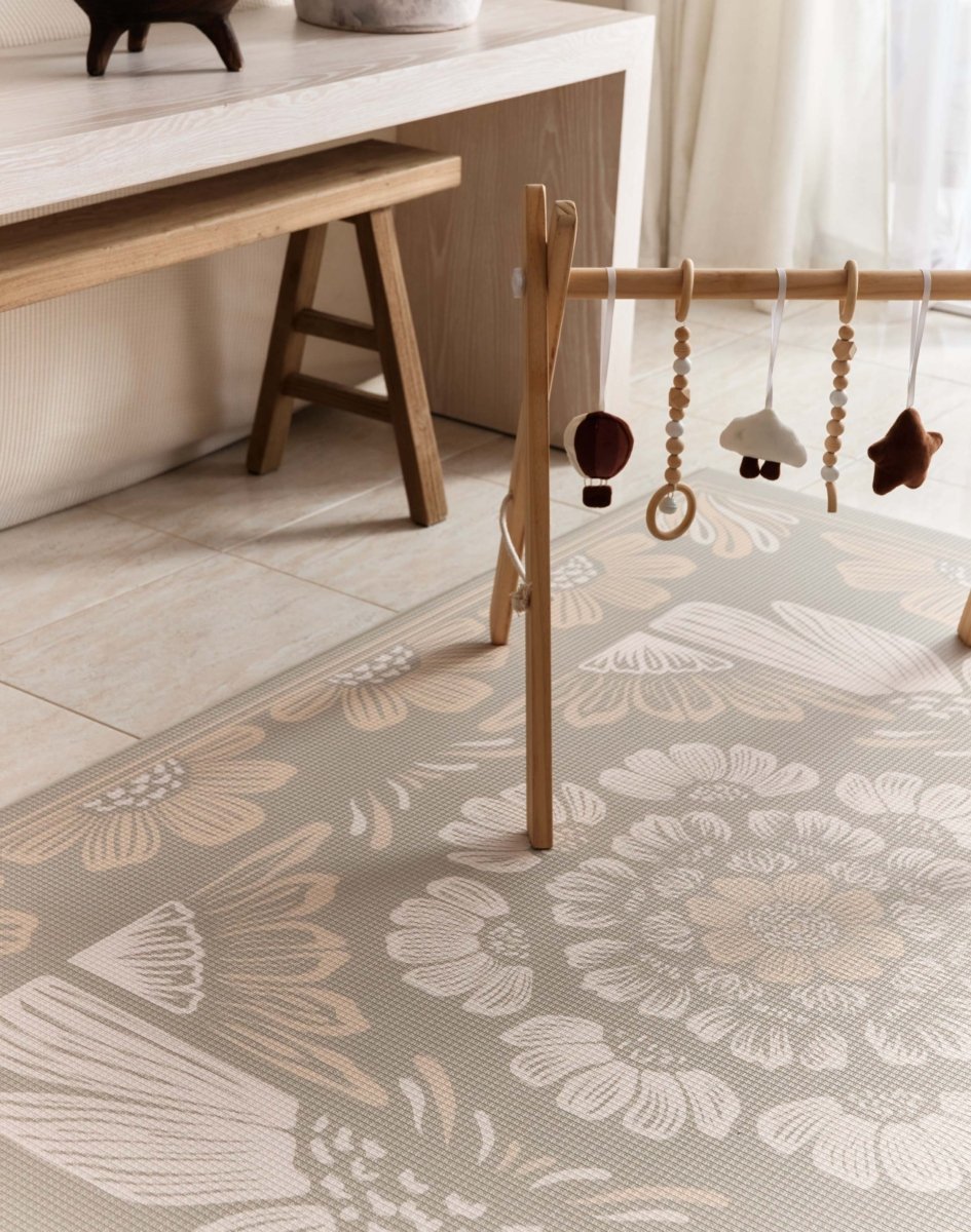 Boho Bloom and Beige Leaf Luxury Reversible Playmat, 100% TPU Foam, Super Soft - LPM Home