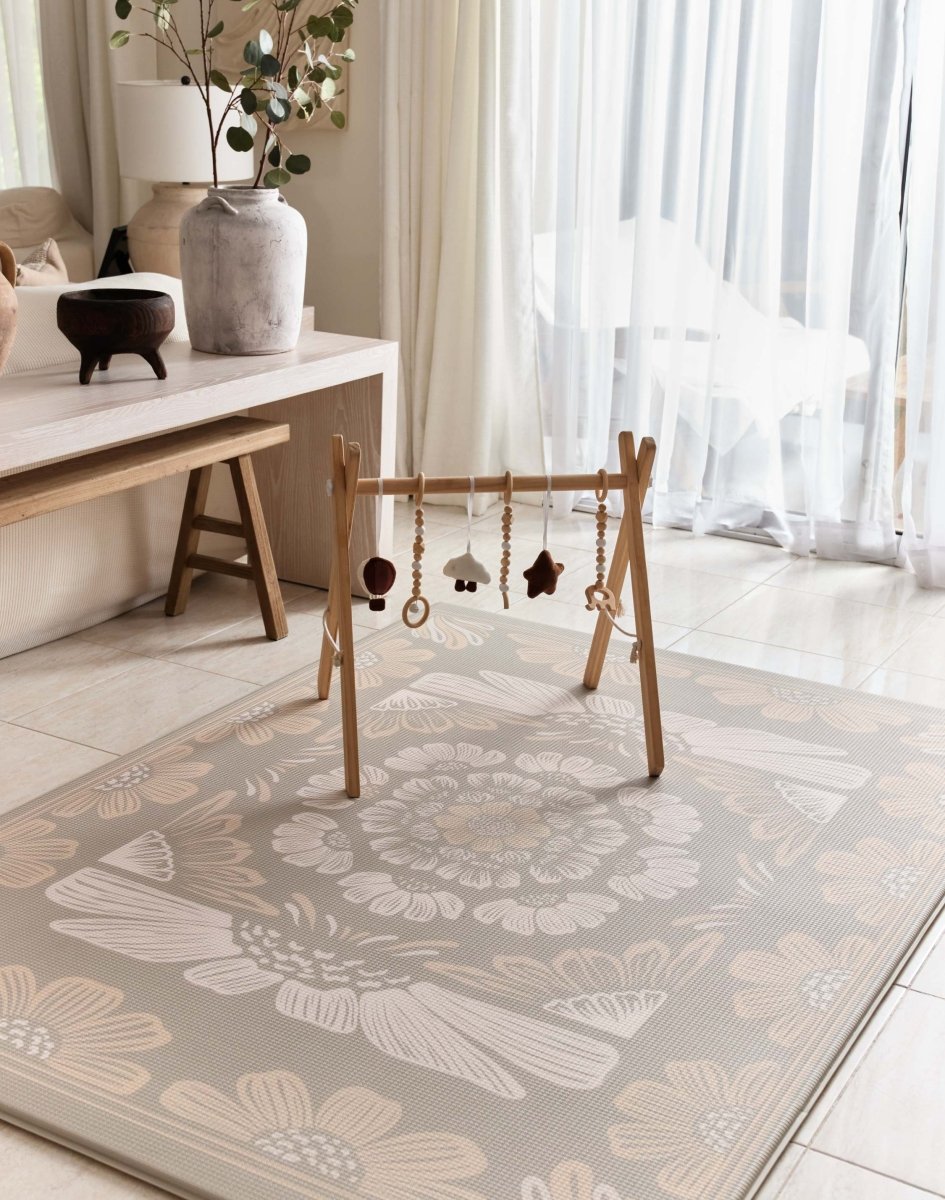 Boho Bloom and Beige Leaf Luxury Reversible Playmat, 100% TPU Foam, Super Soft - LPM Home