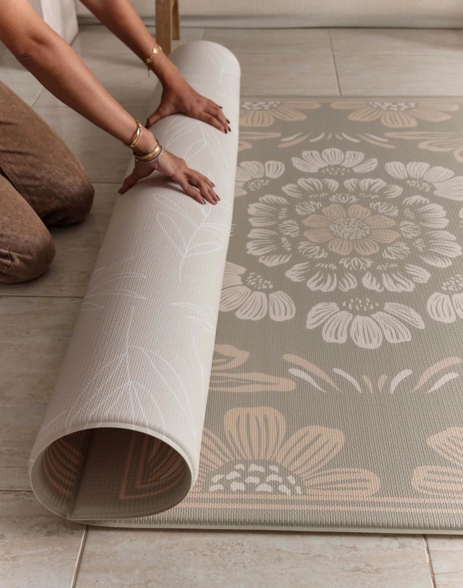 Boho Bloom and Beige Leaf Luxury Reversible Playmat, 100% TPU Foam, Super Soft - LPM Home