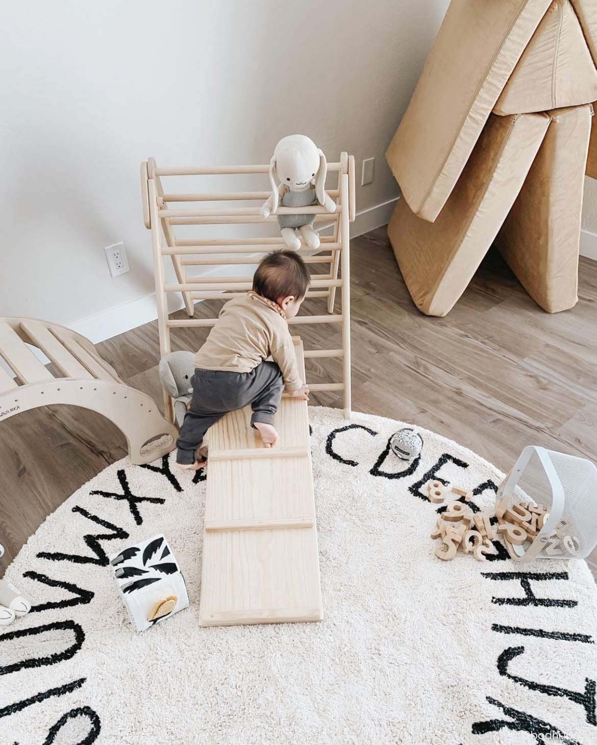 Washable Round Rug ABC, Natural/Black - Le Petit Marché Home Furniture