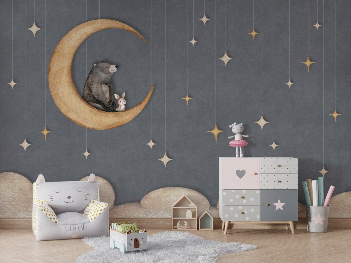 Wallpaper - Bear on the Moon Blue (Pre - Order) - LPM Home