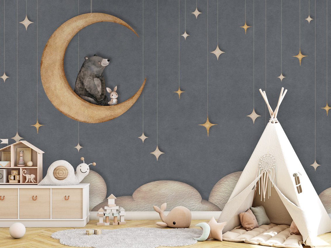Wallpaper - Bear on the Moon Blue (Pre - Order) - LPM Home