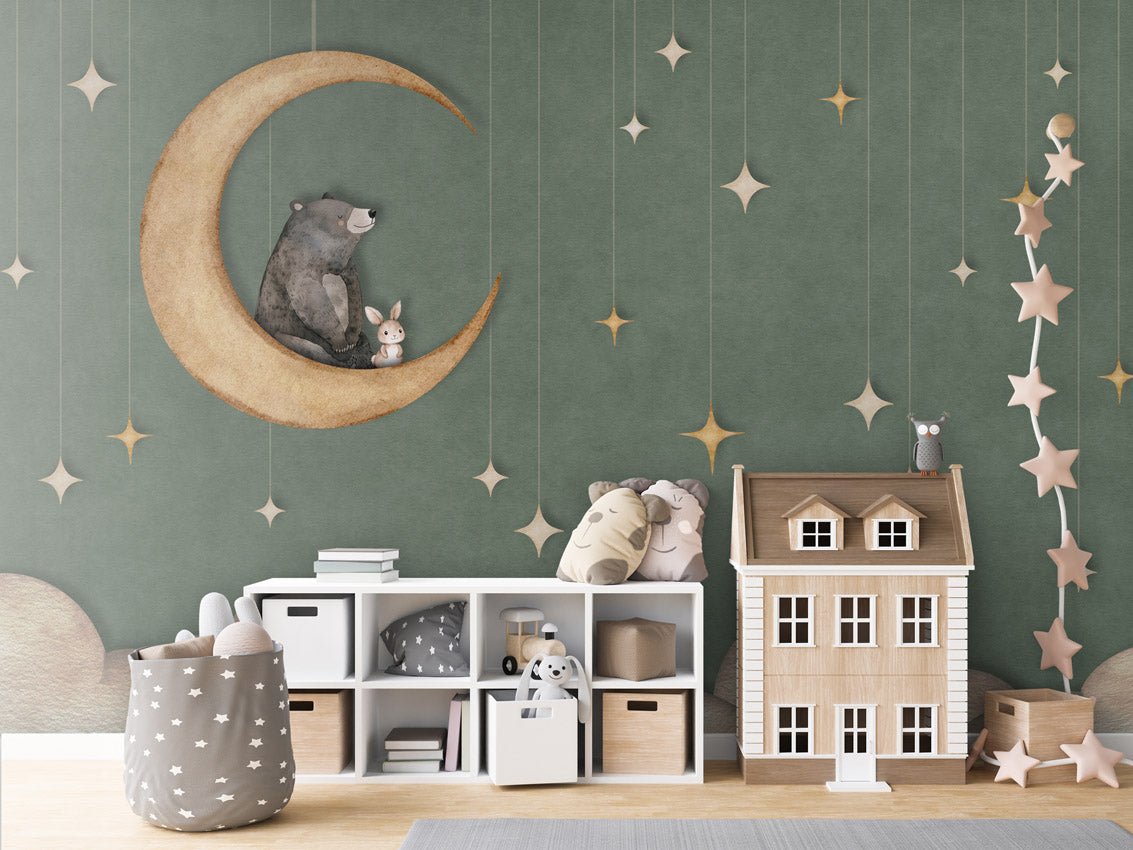 Wallpaper - Bear on the Moon Green (Pre - Order) - LPM Home