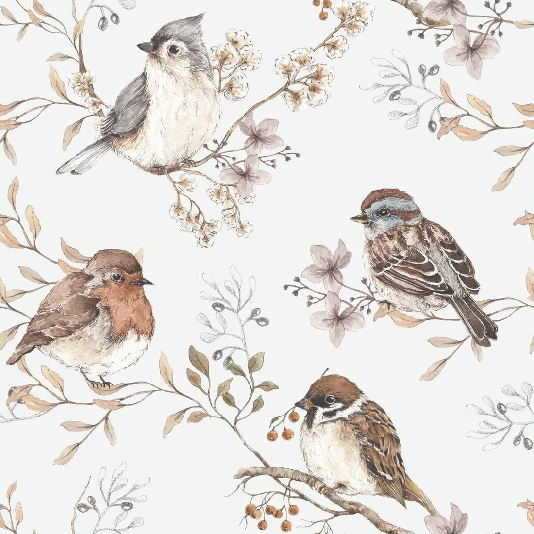Wallpaper - Birds White - Gray - Le Petit Marché Home Furniture