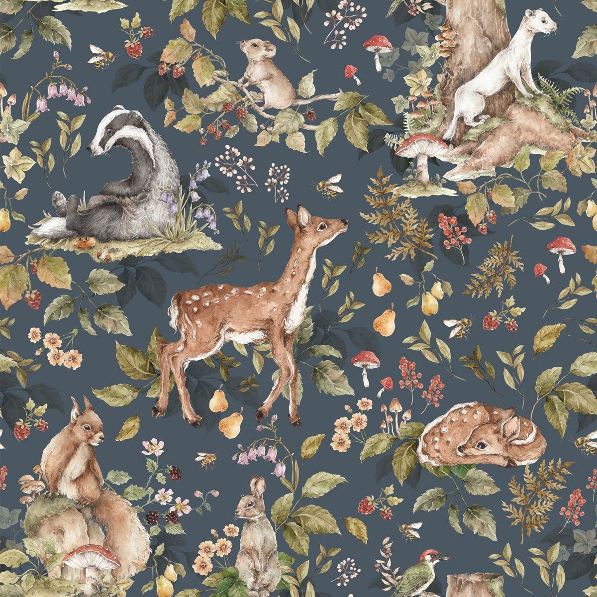 Wallpaper - Cute Forest Animals Dark - Le Petit Marché Home Furniture