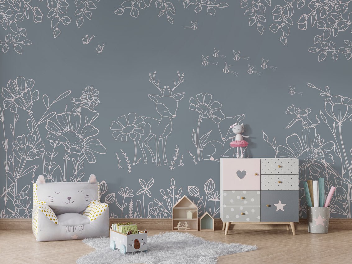 Wallpaper - Deer Doodles Blue (Pre - Order) - LPM Home