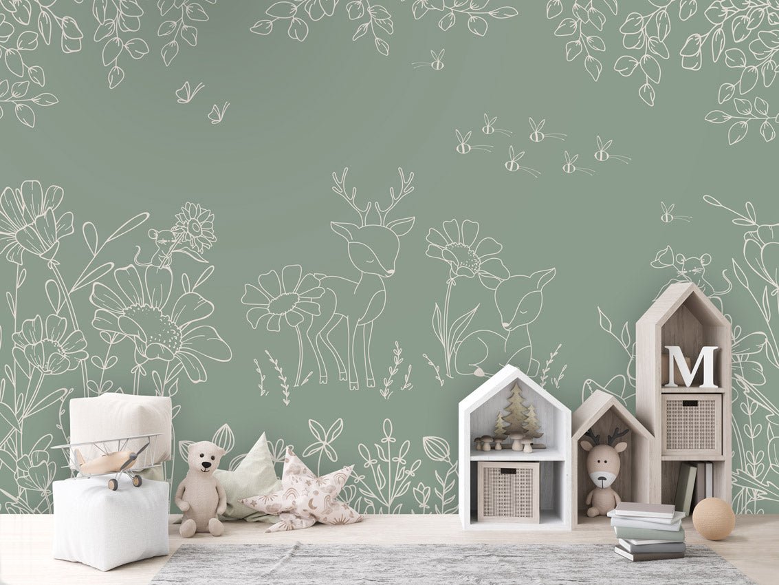 Wallpaper - Deer Doodles Green (Pre - Order) - LPM Home