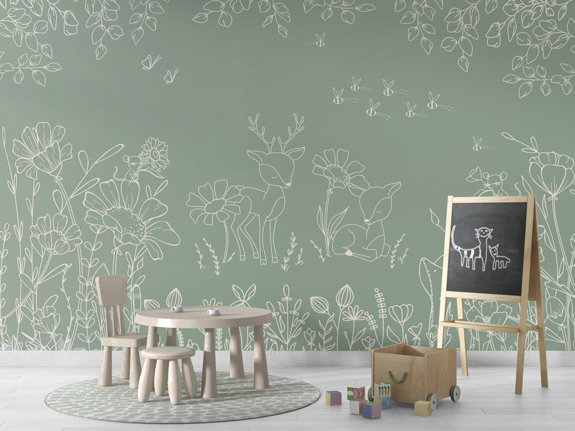 Wallpaper - Deer Doodles Green (Pre - Order) - LPM Home
