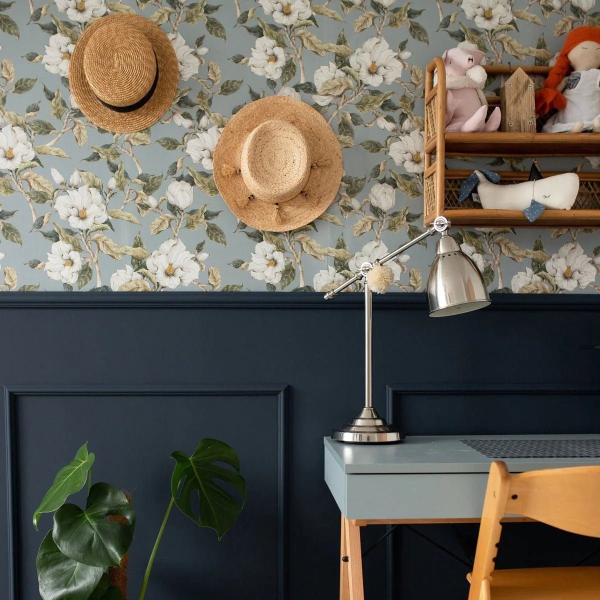 Wallpaper - Magnolias on the Blue Background - Le Petit Marché Home Furniture