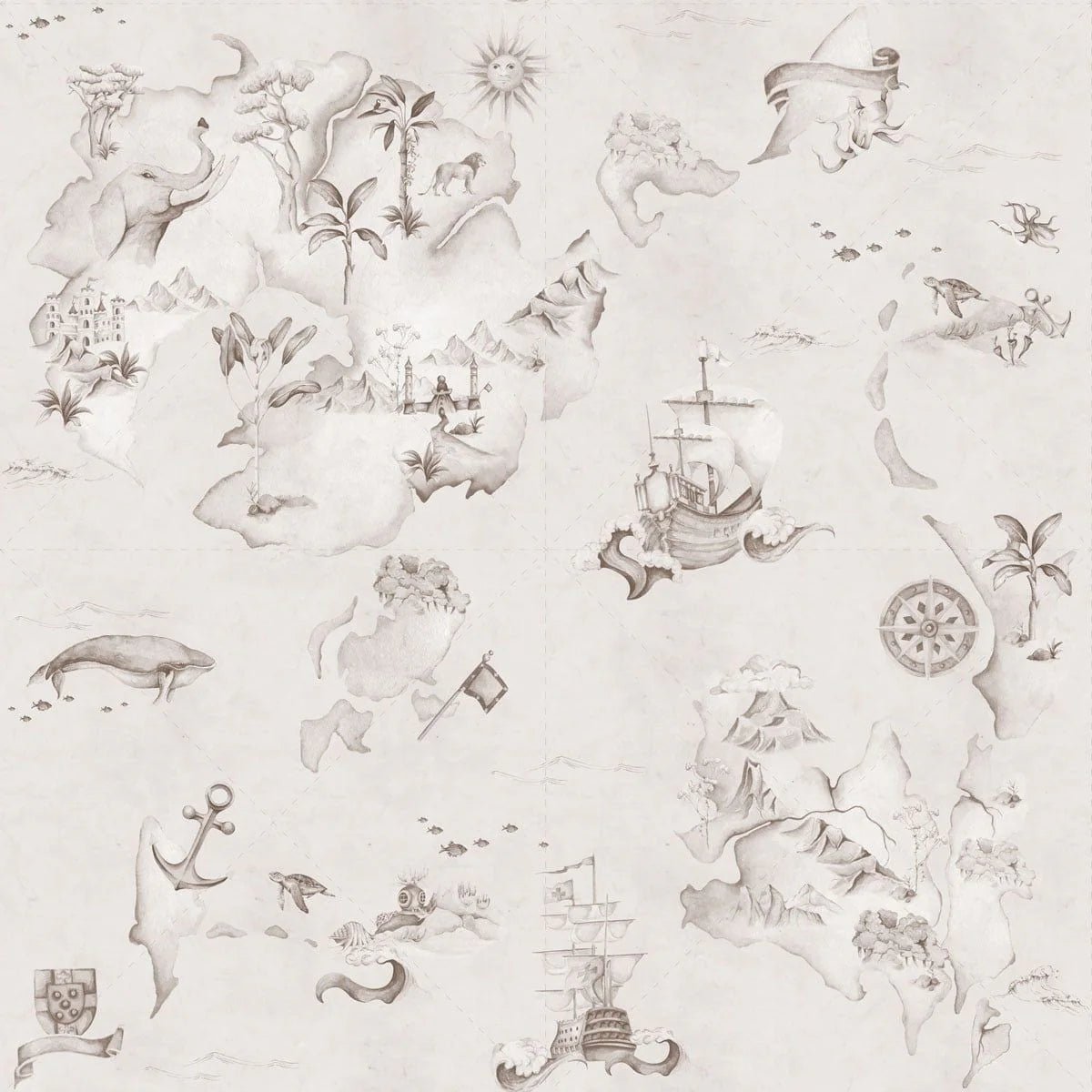 Wallpaper - Map Stories From The Sea Sepia - Le Petit Marché Home Furniture
